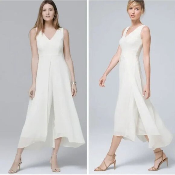 White House Black Market Pants - White House Black Market Flowy Wide Leg Overlay Ivory Jumpsuit 6P